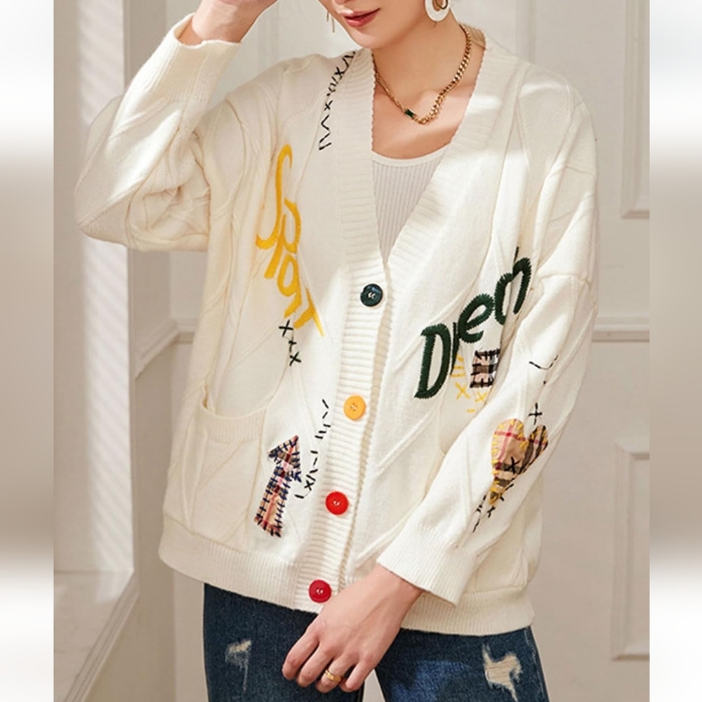 Women Chunky Cable Knit Cardigan Embroidery Button Sweater Size M - Picture 4 of 10